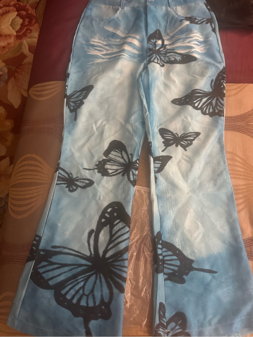 Blue Butterfly Print Flared Pants